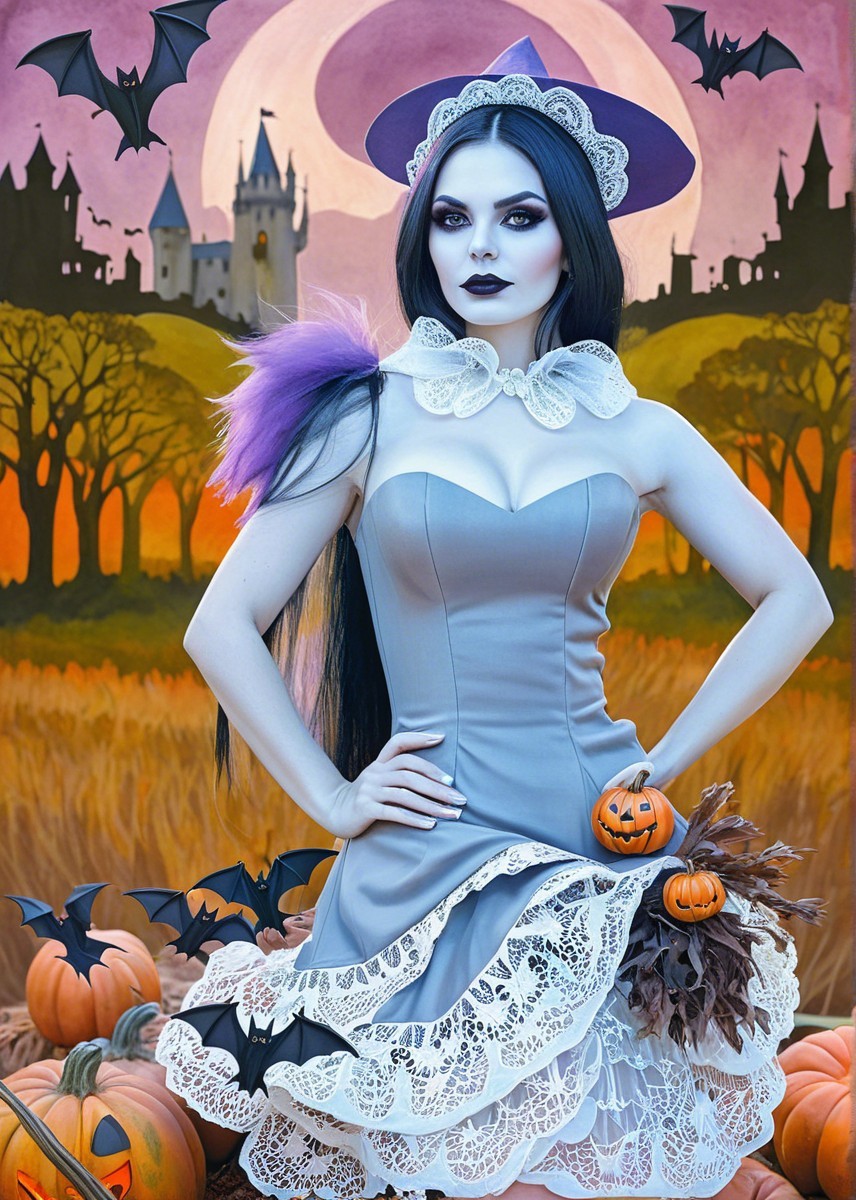 Woman in Gray Dress Against Halloween Backdrop