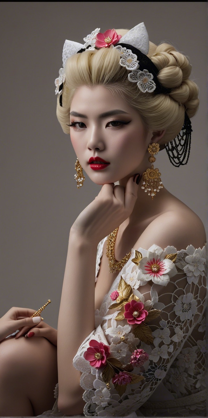 Elegant Portrait of Woman in Floral Outfit and Headpiece