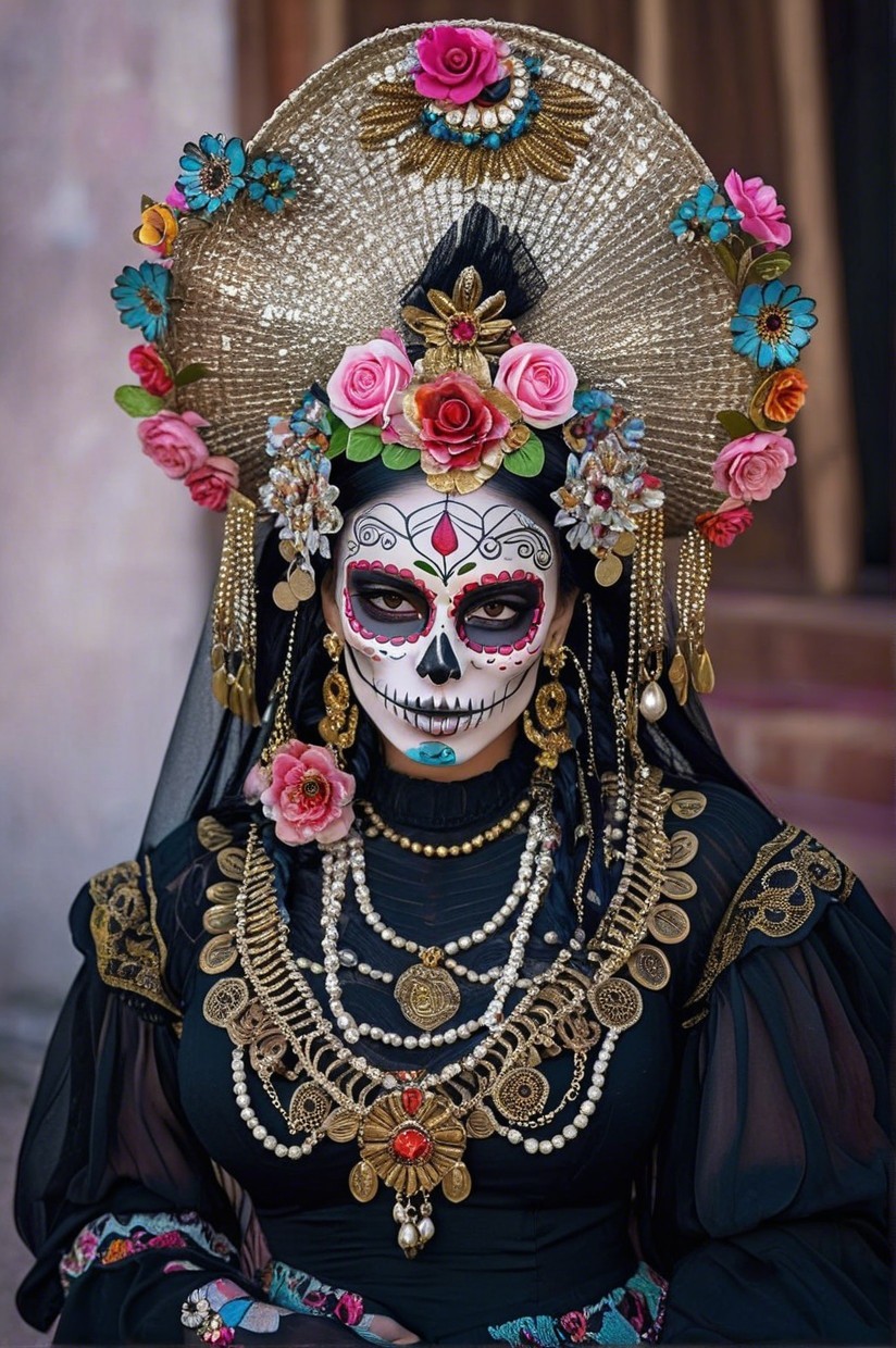 Traditional Attire with Colorful Sugar Skull Design