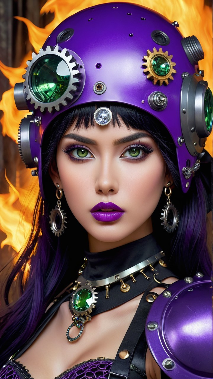 Futuristic figure with green eyes and purple lips
