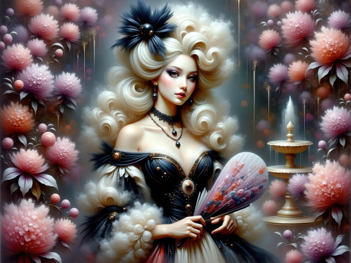 Glamorous figure in elegant attire with decorative fan