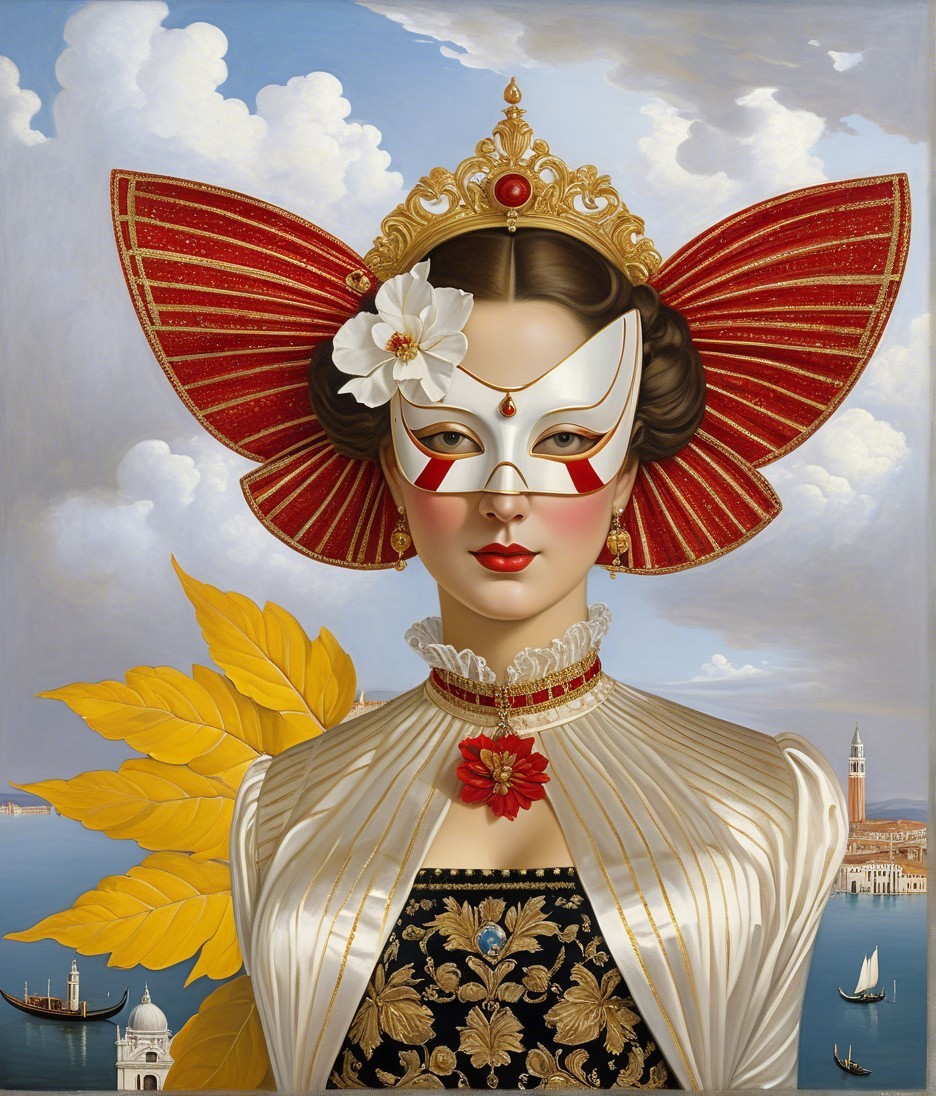 Regal Figure in Costume with Mask and Vibrant Wings