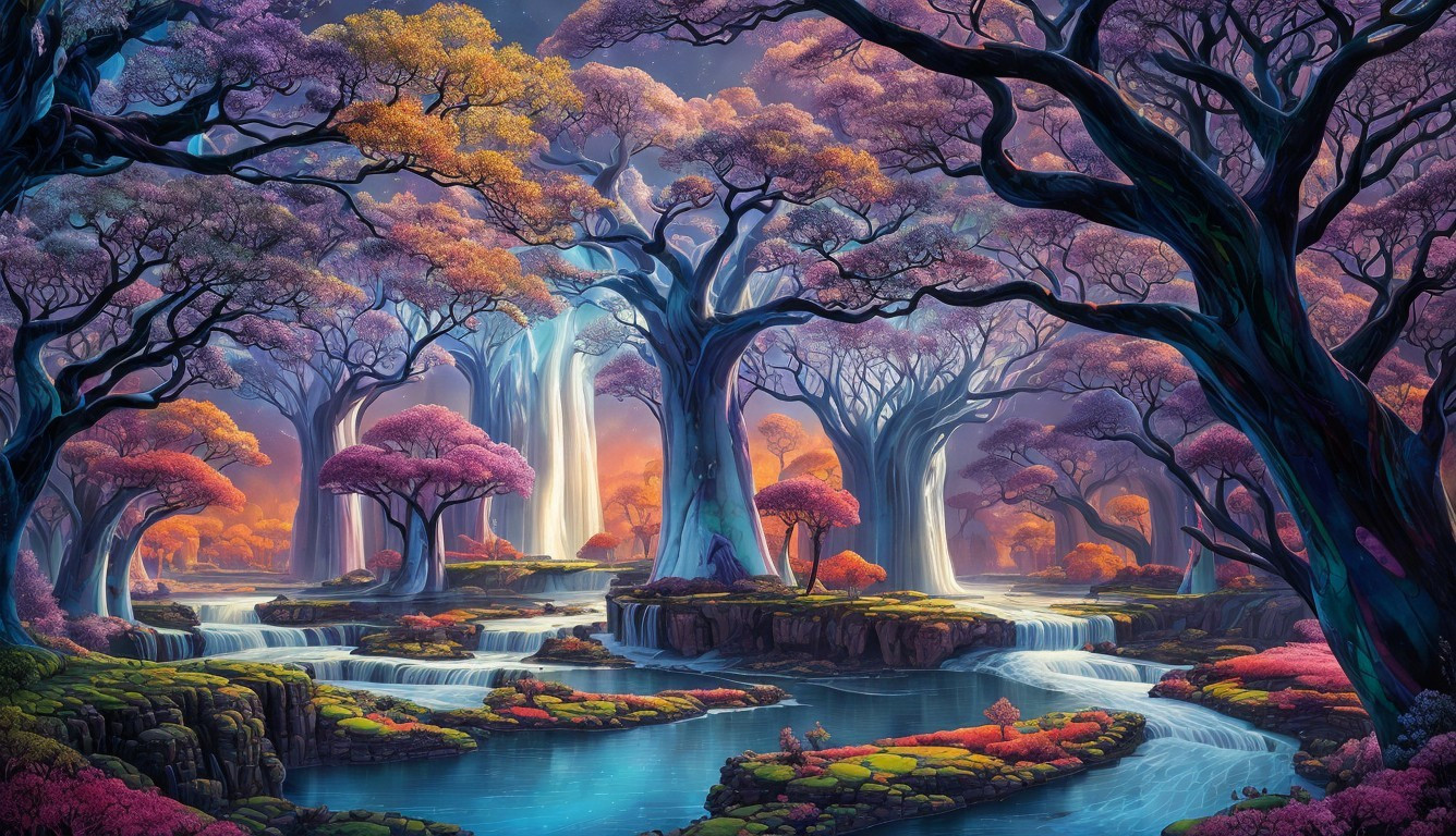 Vibrant Magical Forest with Colorful Waterfalls