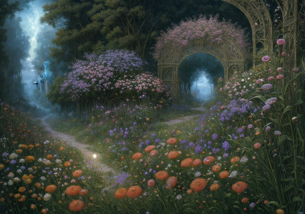 Nighttime Enchanted Garden with Vibrant Flowers and Teal Light