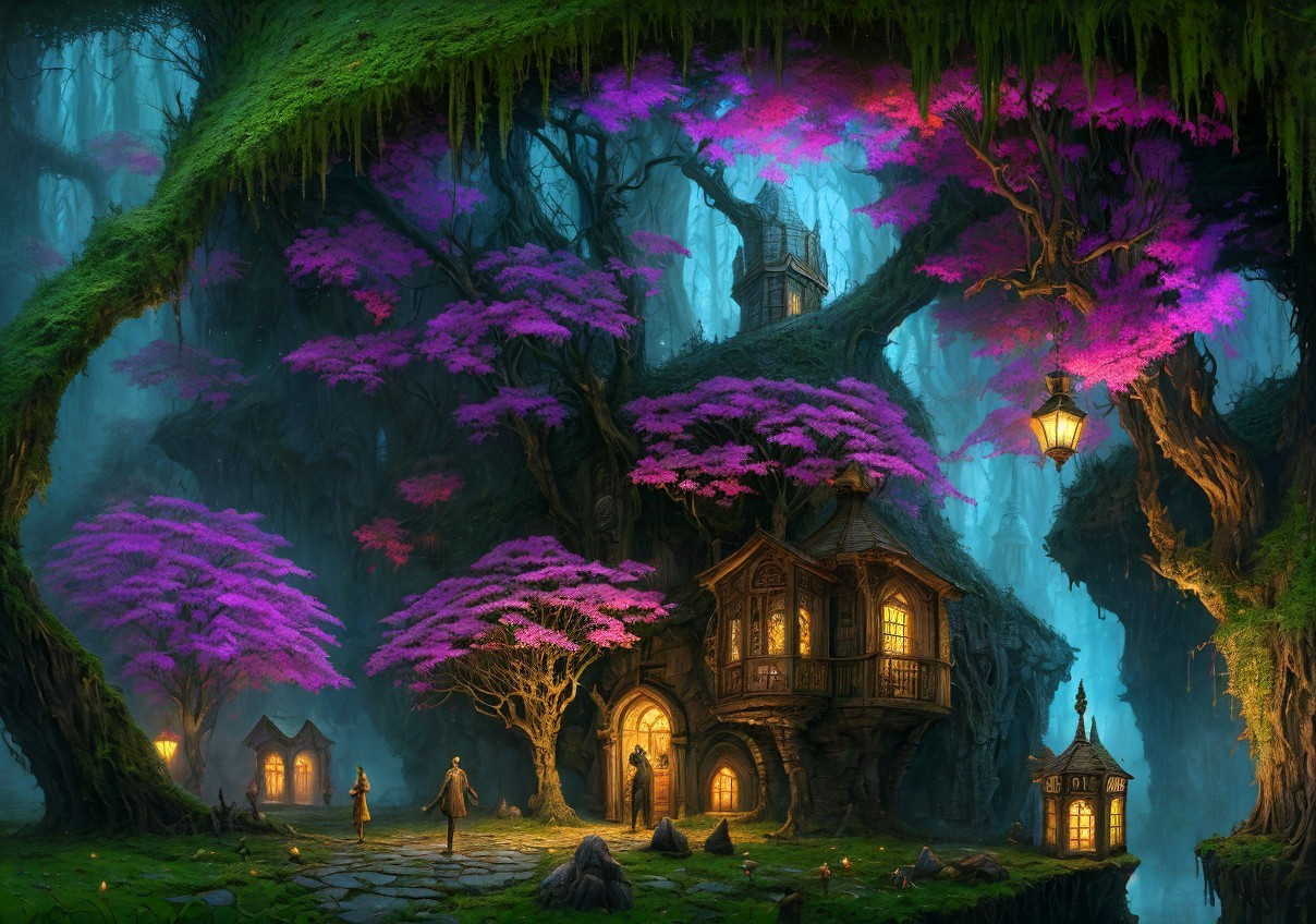 Enchanted forest with purple blossoms, treehouse, lanterns, and solitary figure.
