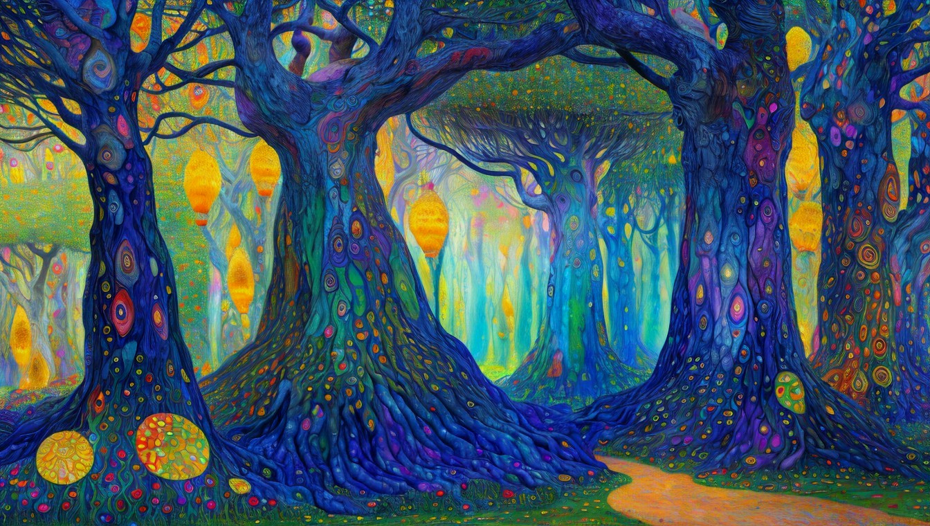 Surreal Forest with Colorful Trees and Dreamlike Lanterns