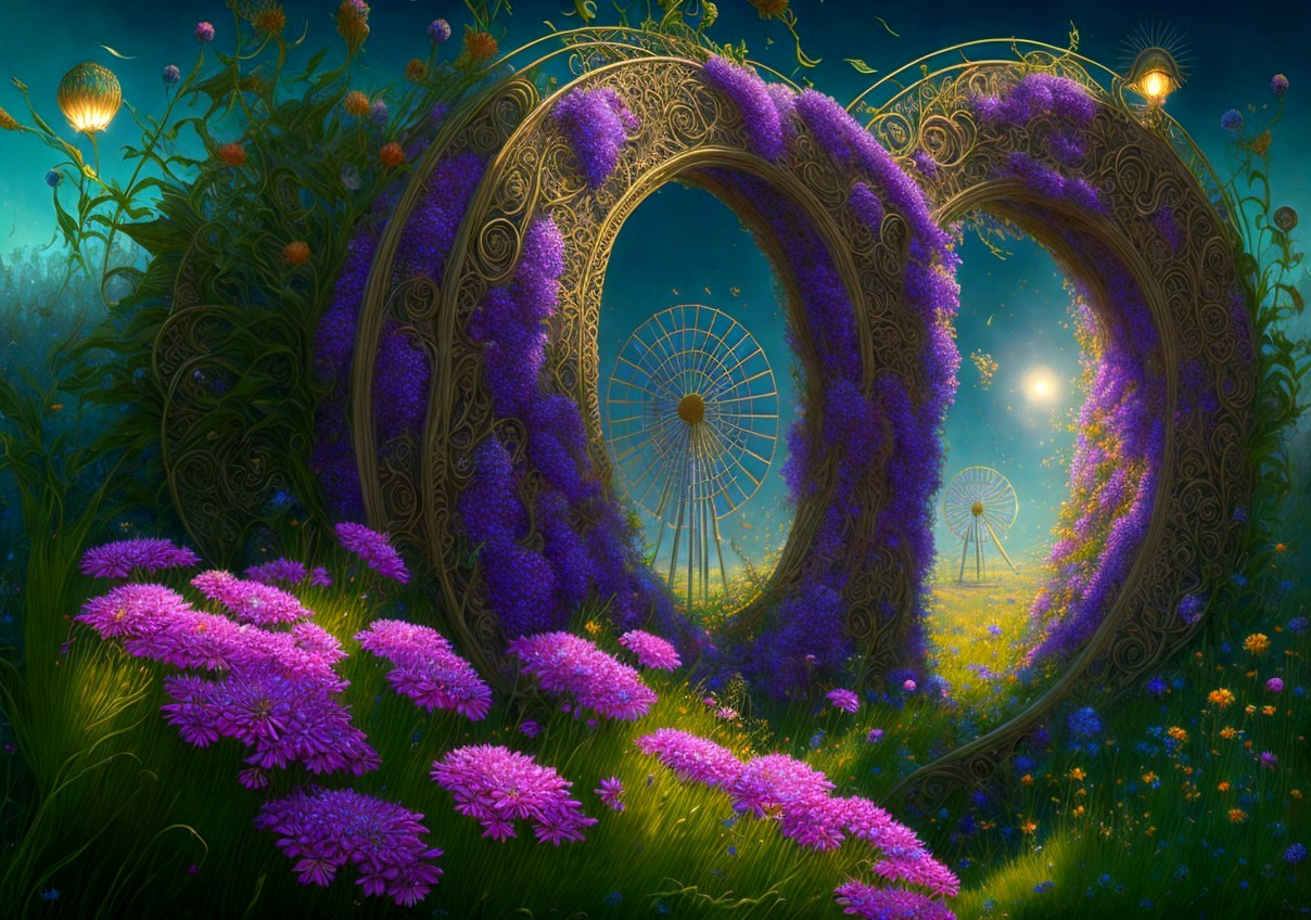 Fantastical night landscape with twin floral archways, full moon, and distant ferris wheels in