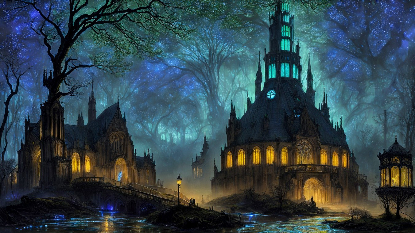 Gothic Cathedral Night Scene in Mystical Forest