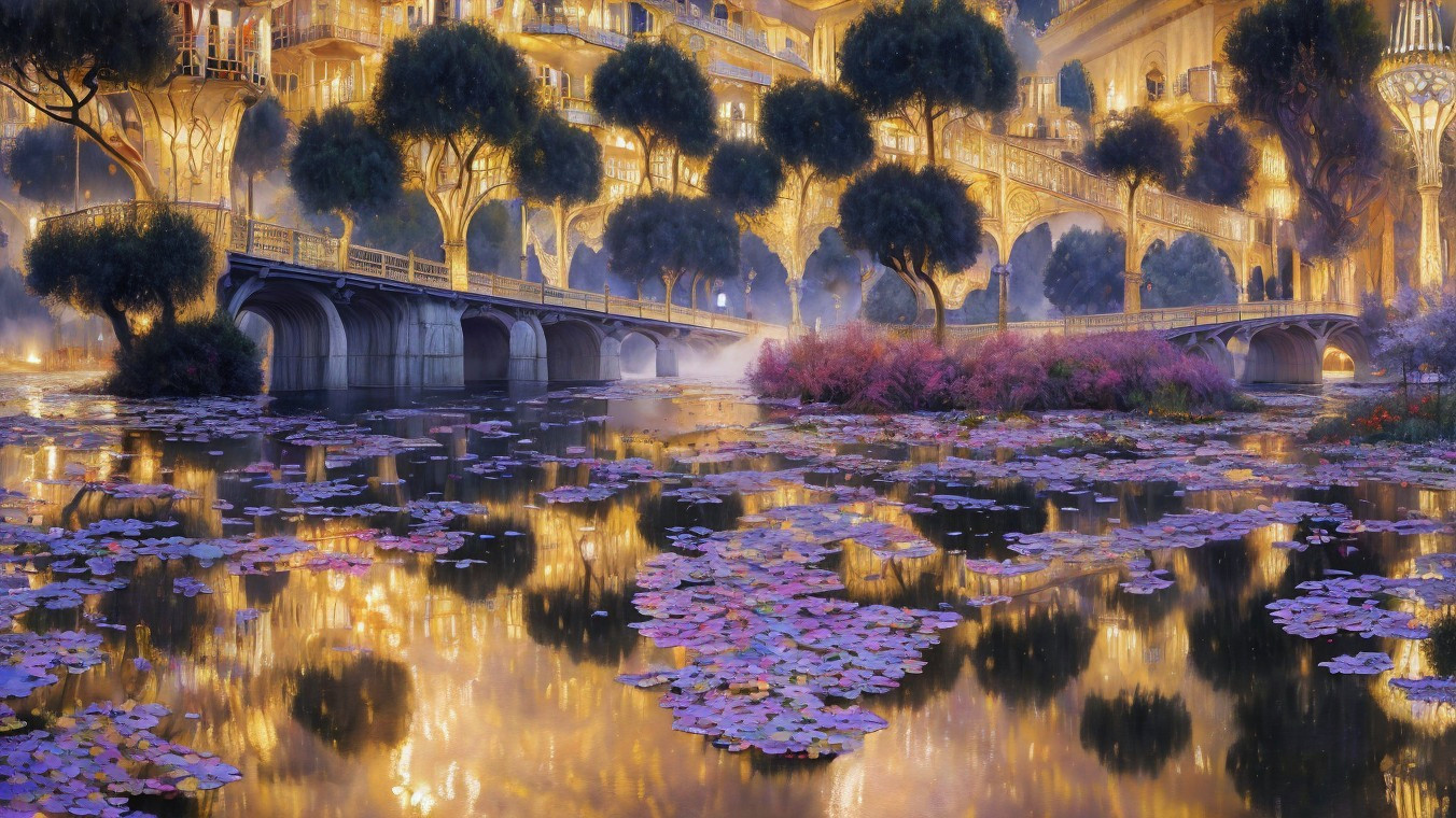 Serene Waterway with Golden Lights and Lush Trees