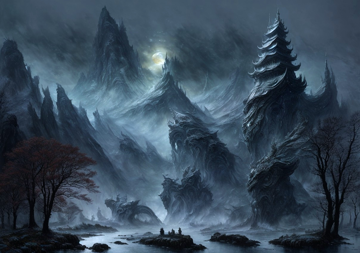 Mystical landscape with towering mountains and moonlit sky