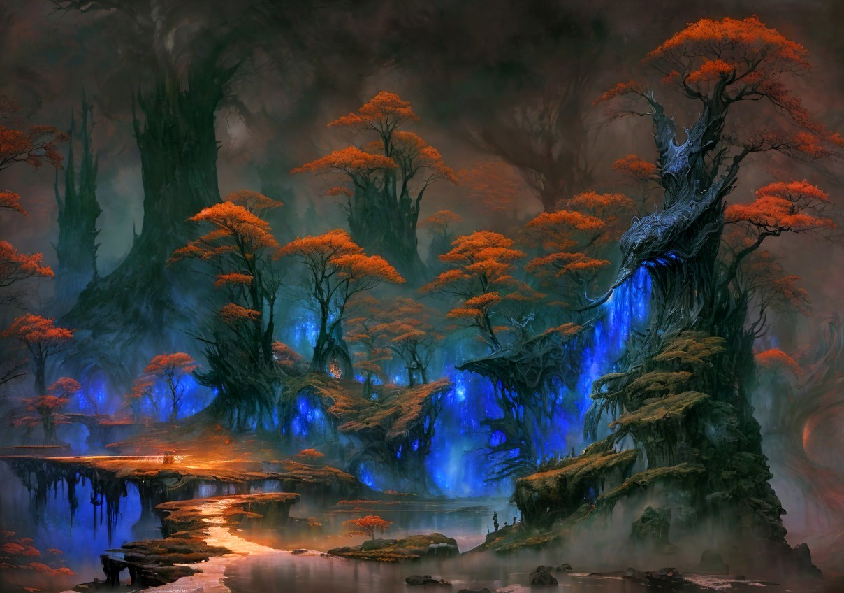 Enchanting forest with fiery orange foliage and glowing blue lights