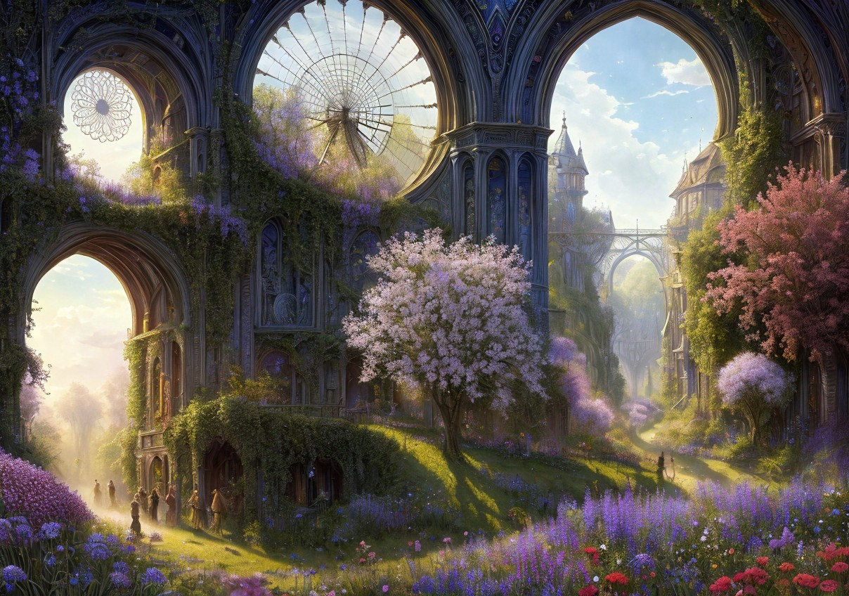 Enchanting garden with blooming trees, gothic arches, and Ferris wheel in soft