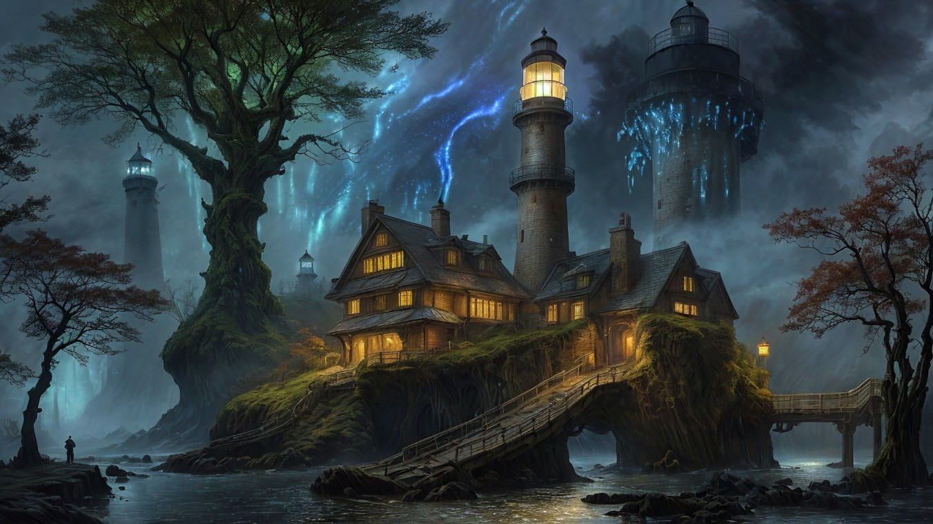 Fantasy Scene of a Grand House and Lighthouses