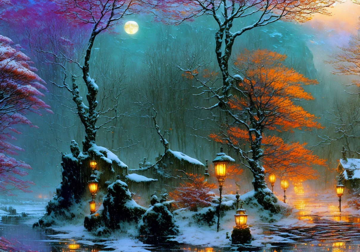 Winter scene with snow-covered trees, lanterns, full moon, and autumn foliage in forest.