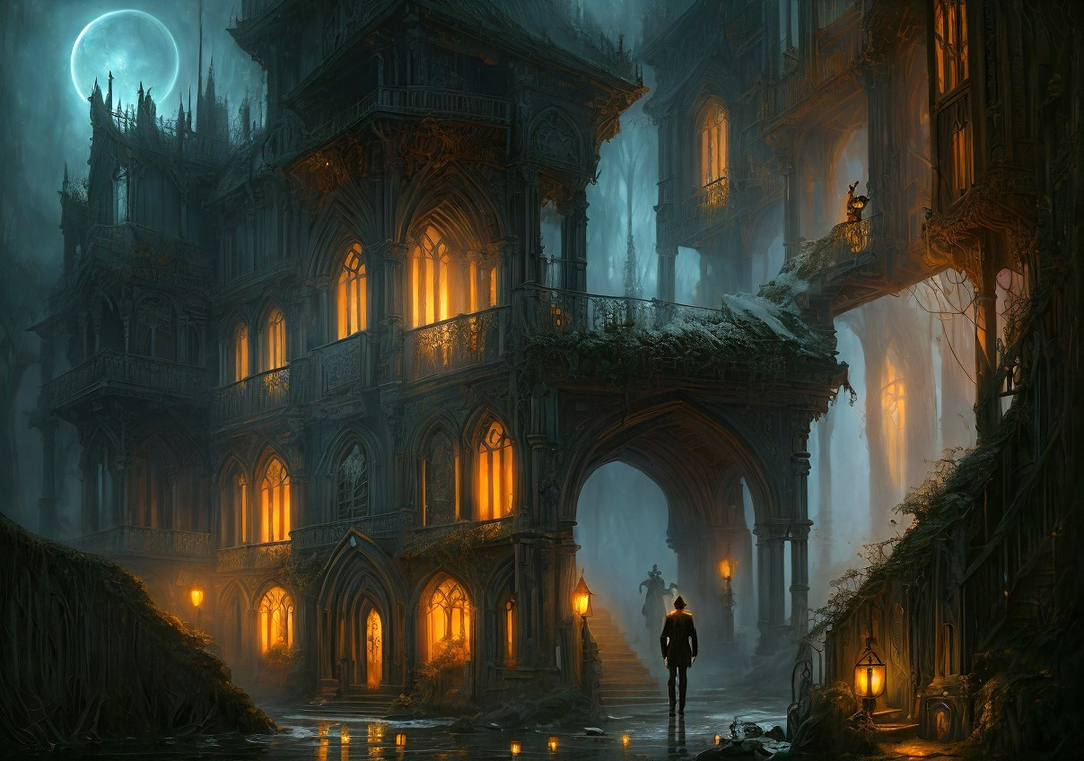 Person in front of eerie gothic mansion in misty forest at night