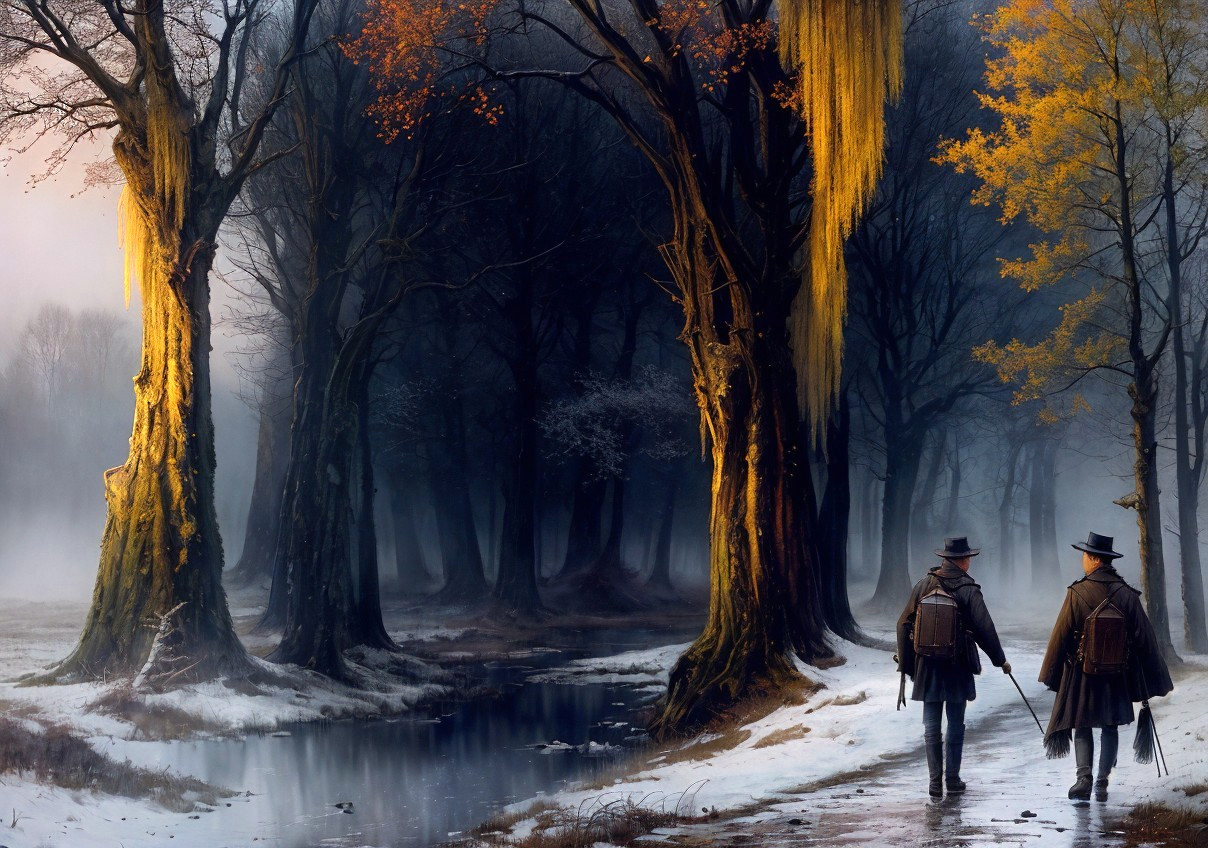 Historical Clothing Individuals Walking by Stream in Autumn Forest