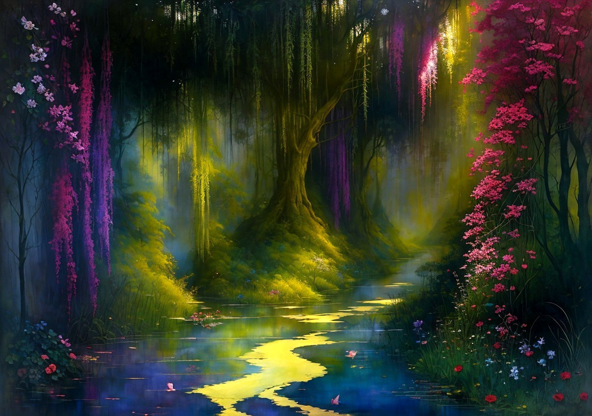 Majestic fantasy forest with glowing stream and vibrant flora