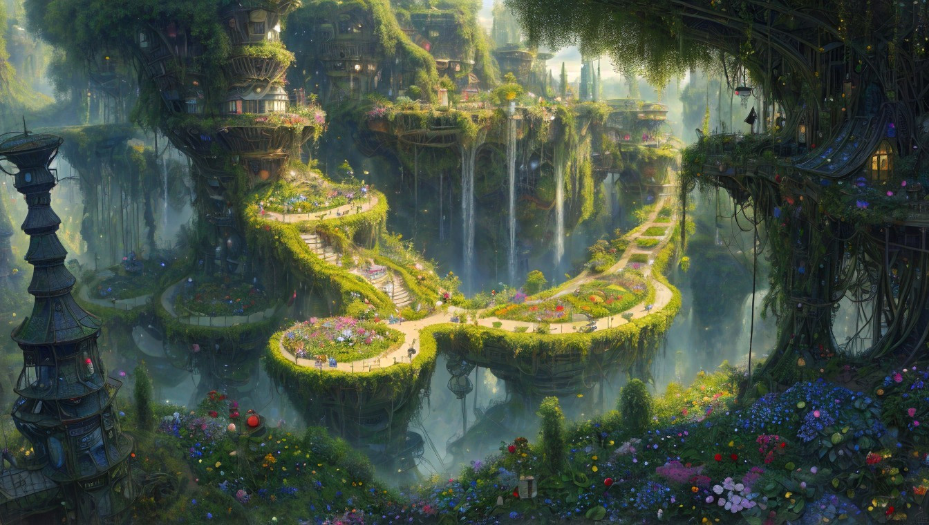 Whimsical Landscape with Floating Islands and Waterfalls