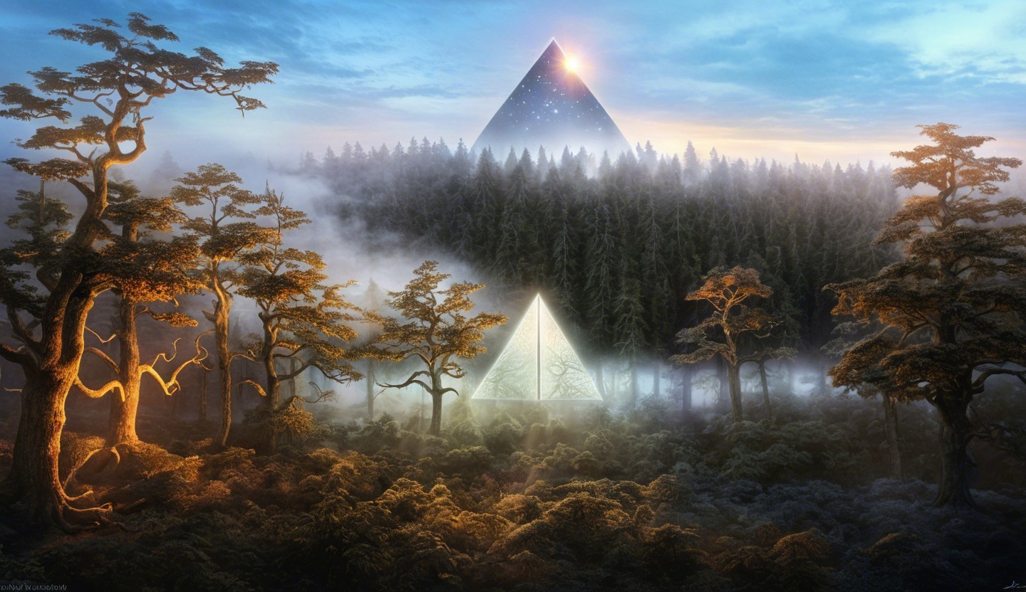 Mysterious forest with glowing pyramids and fog