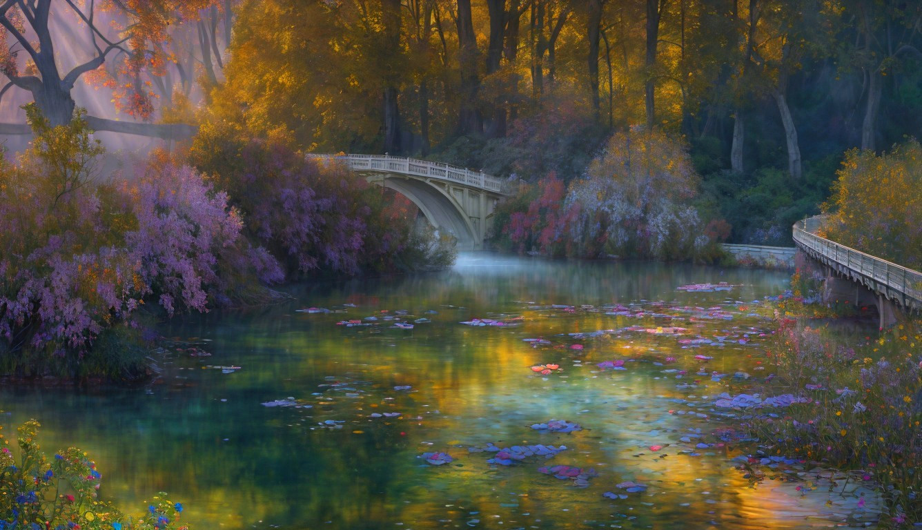Tranquil River Landscape with Autumn Colors and Mist