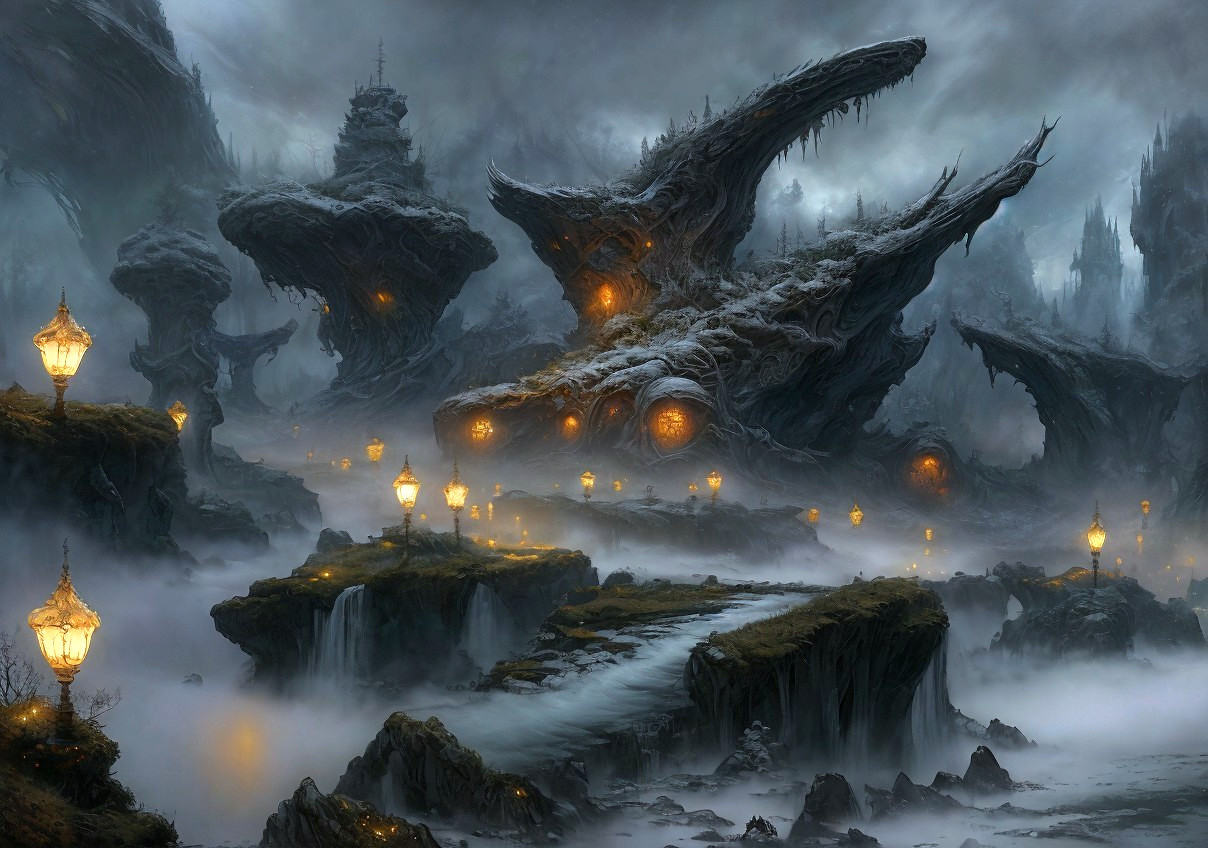 Mystical landscape with dragon-shaped rock formations and glowing lanterns.