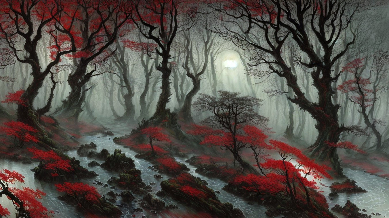 Mystical Forest with Dark Trees and Foggy Atmosphere