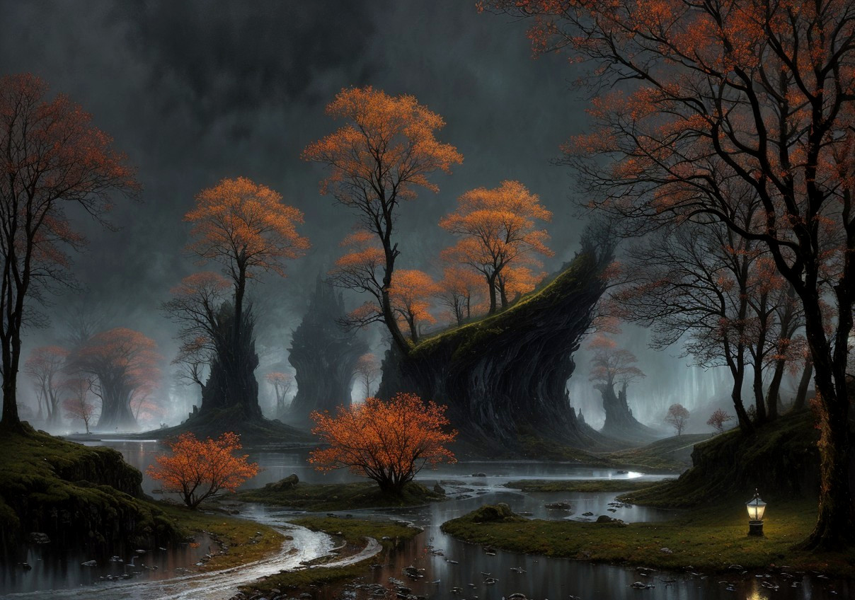 Mystical forest scene with fiery orange-leafed trees, meandering stream, lamp post,