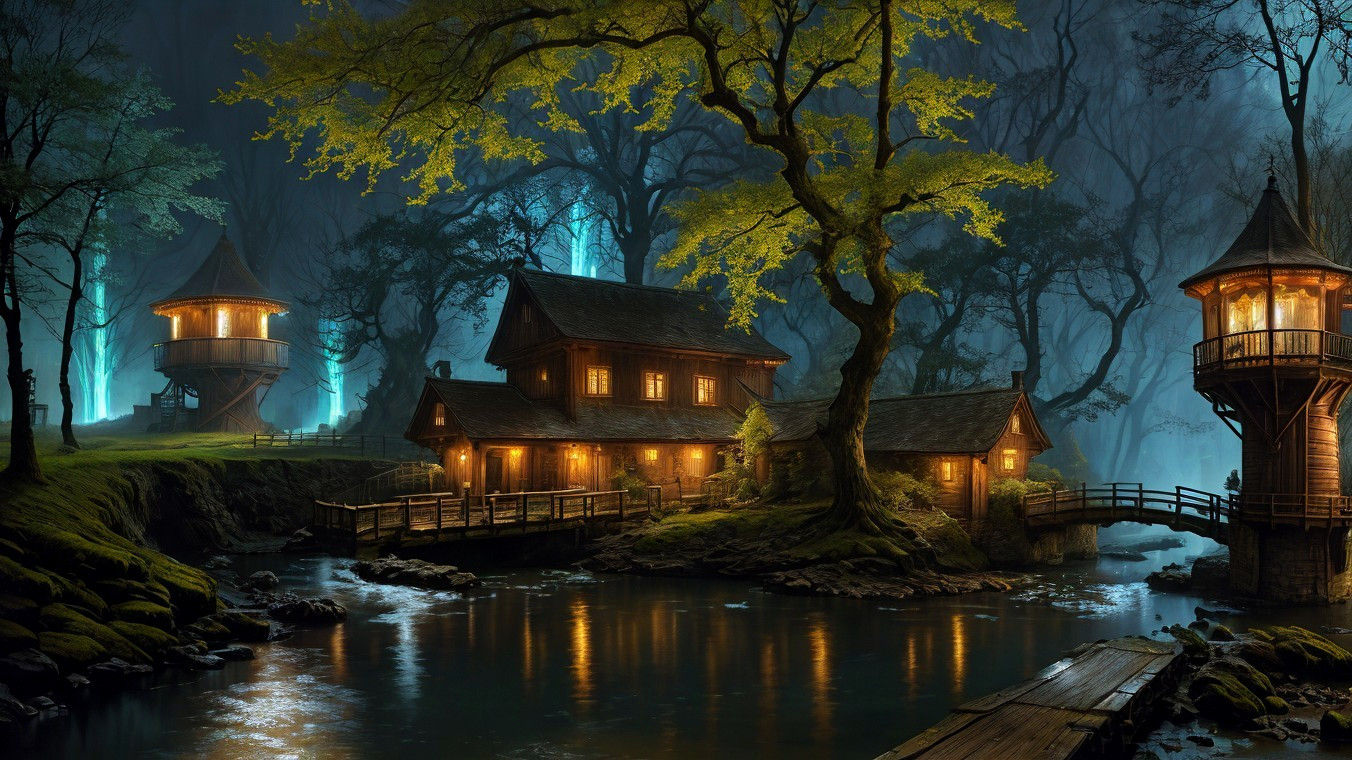 Serene river night scene with illuminated cabins and trees