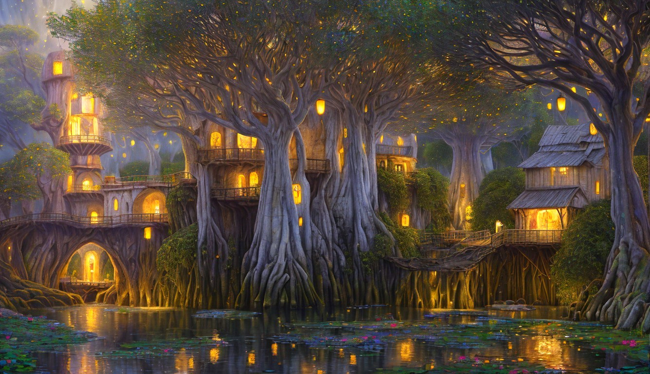 Magical Landscape with Treehouses and Glowing Lanterns