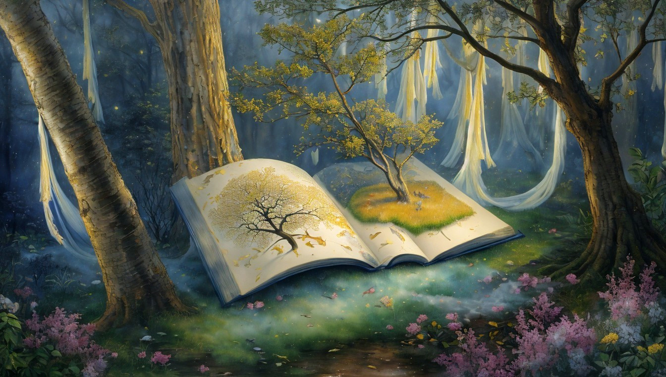 Open Book in Mystical Forest with Vivid Landscapes