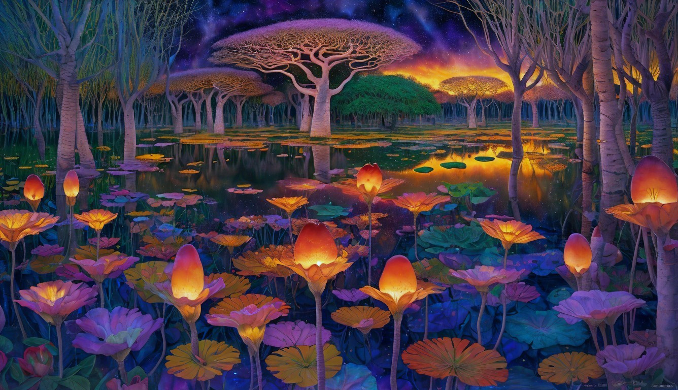 Surreal Landscape with Luminous Flowers and Trees