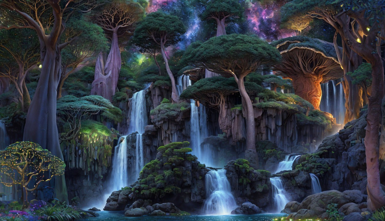 Mystical Forest with Ethereal Light and Waterfalls