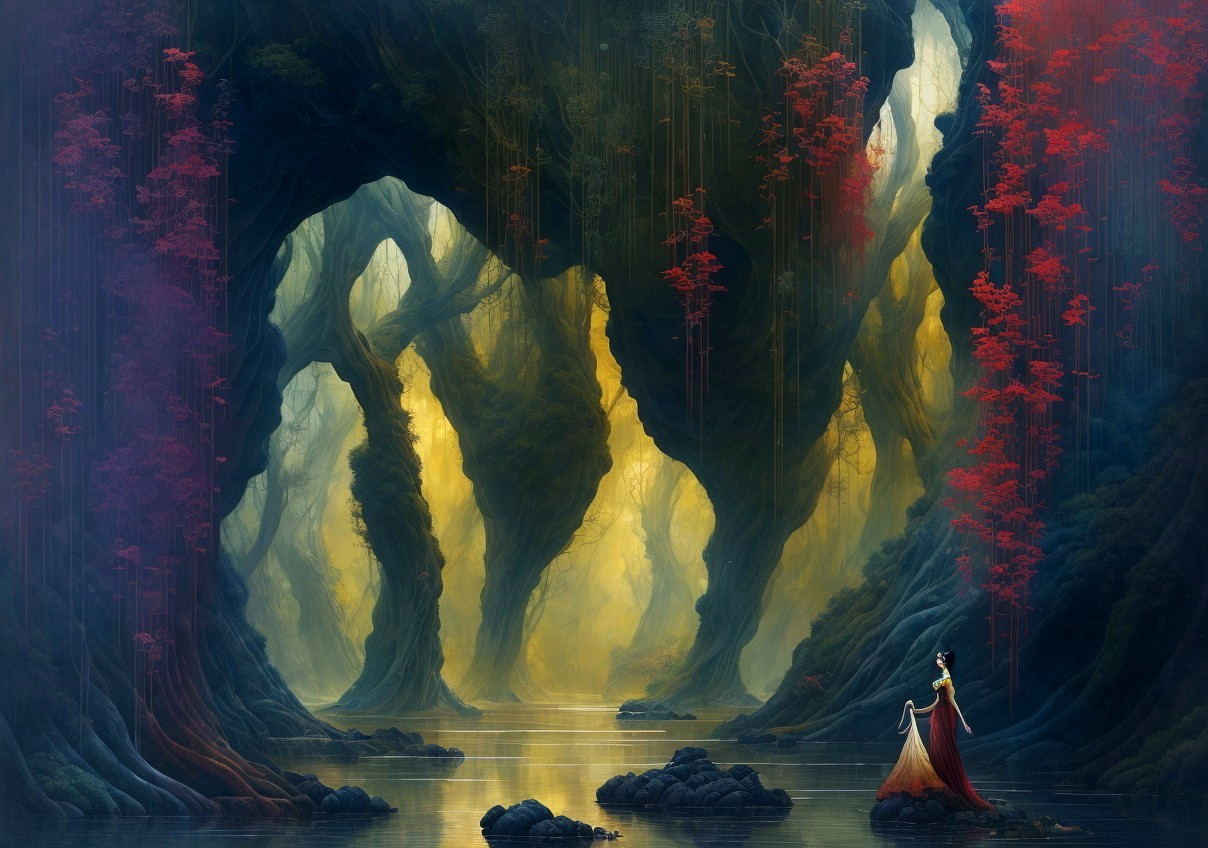 Enchanting forest scene with figure in red cloak and golden light