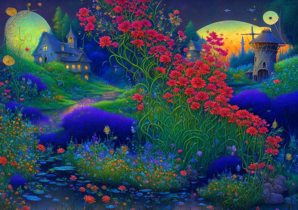 Fantastical dusk landscape with gardens, stream, cottages, and windmills