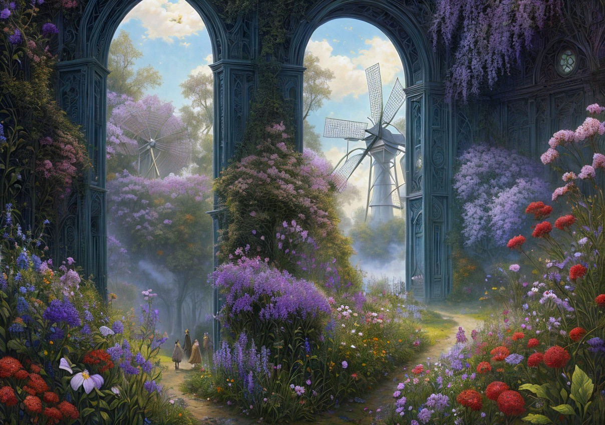 Colorful Flower Garden with Archways, Windmill, and Figure
