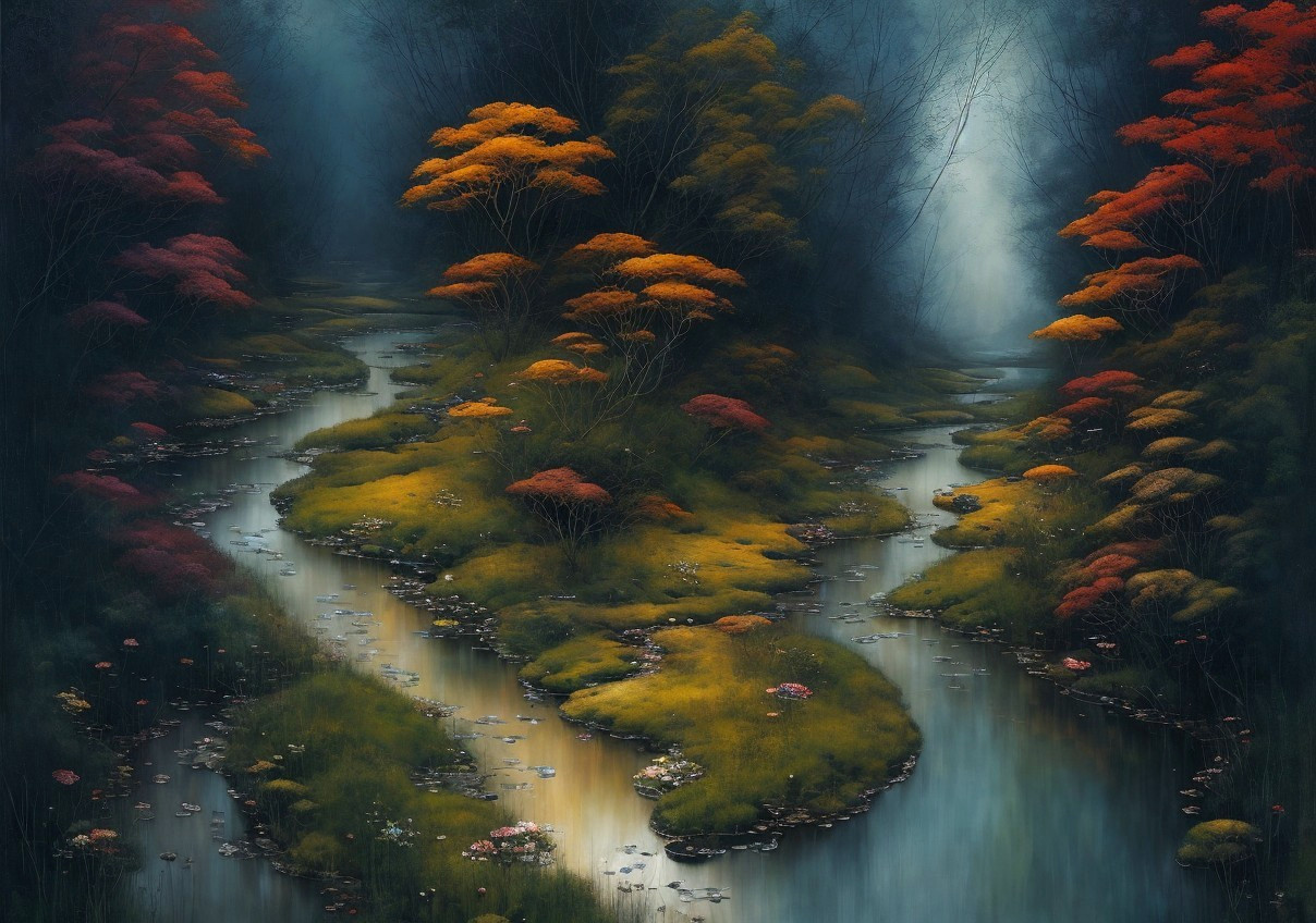 Mystical forest with autumn foliage and meandering river