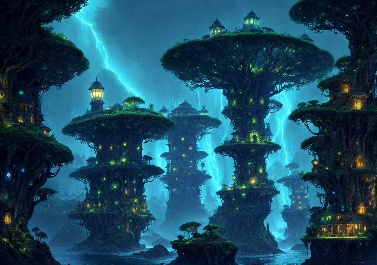 Enchanting Treehouses in Mystical Forest at Night