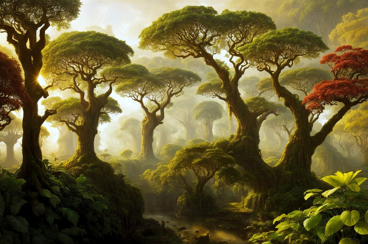 Lush Enchanted Forest with Sunlit Stream