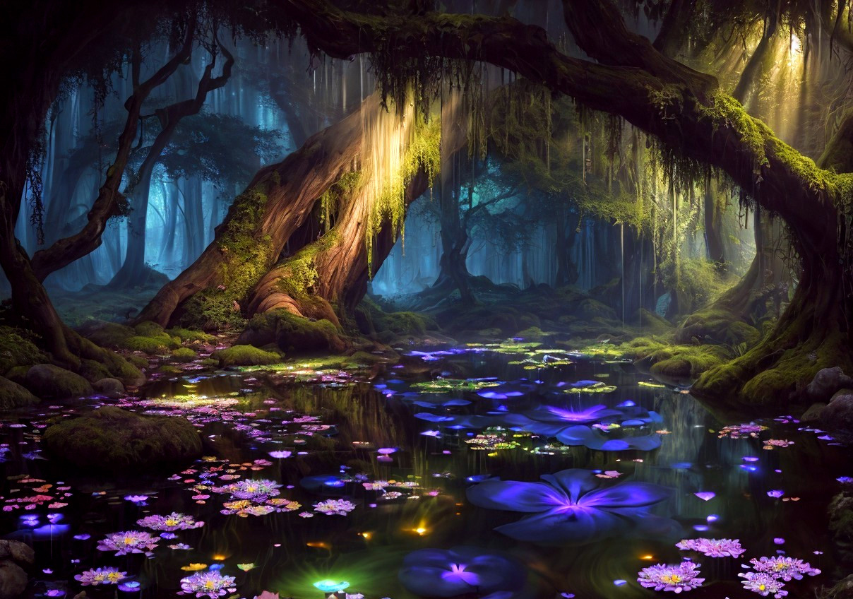 Tranquil pond with arching tree and water lilies in mystical forest
