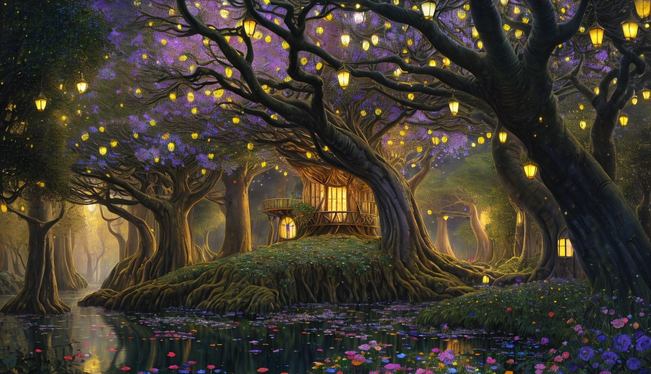 Mystical Forest with Vibrant Blossoms and Lanterns