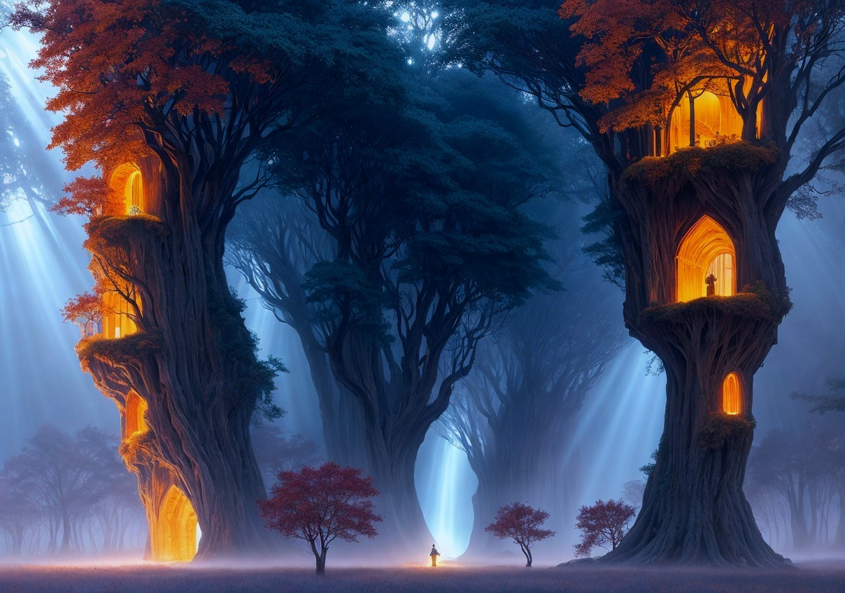 Mystical Forest with Illuminated Tree Windows