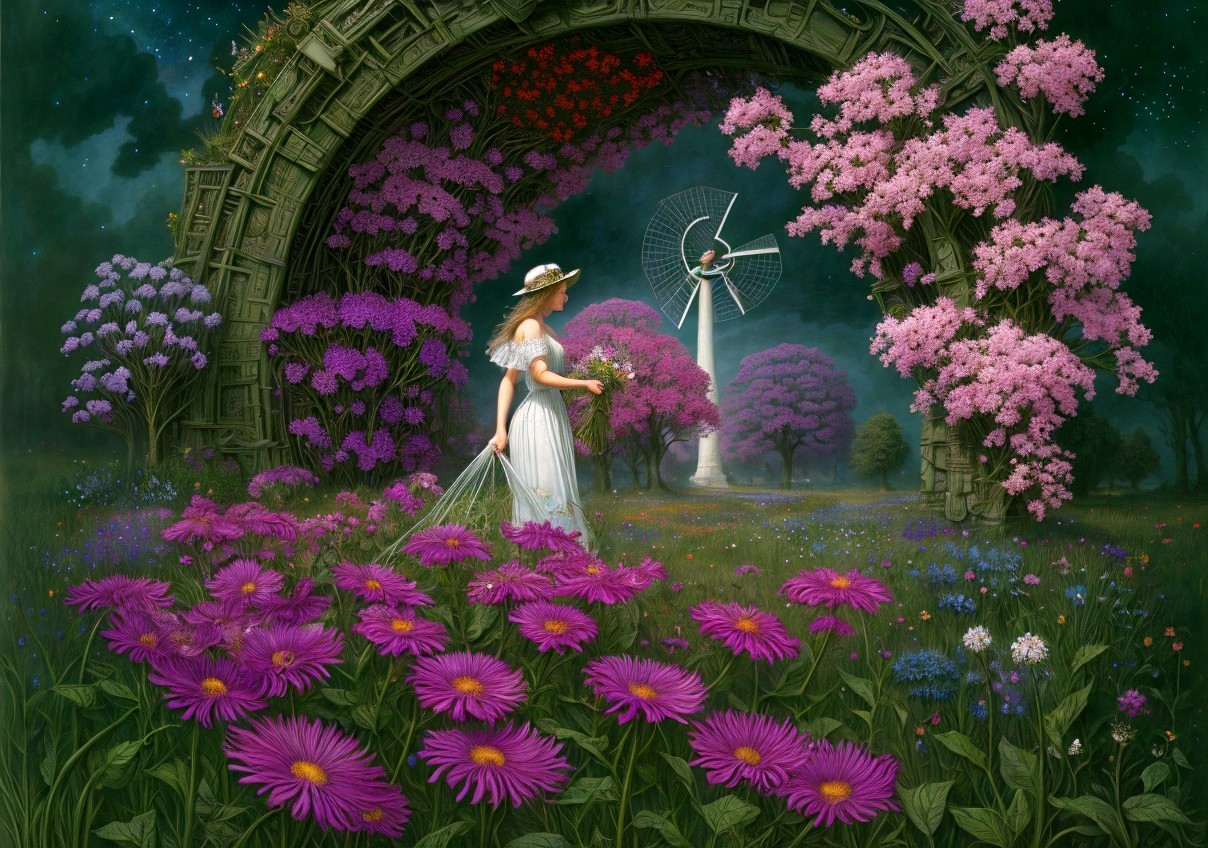 Woman in white dress strolling in blooming garden with purple flowers and large arch under twilight sky