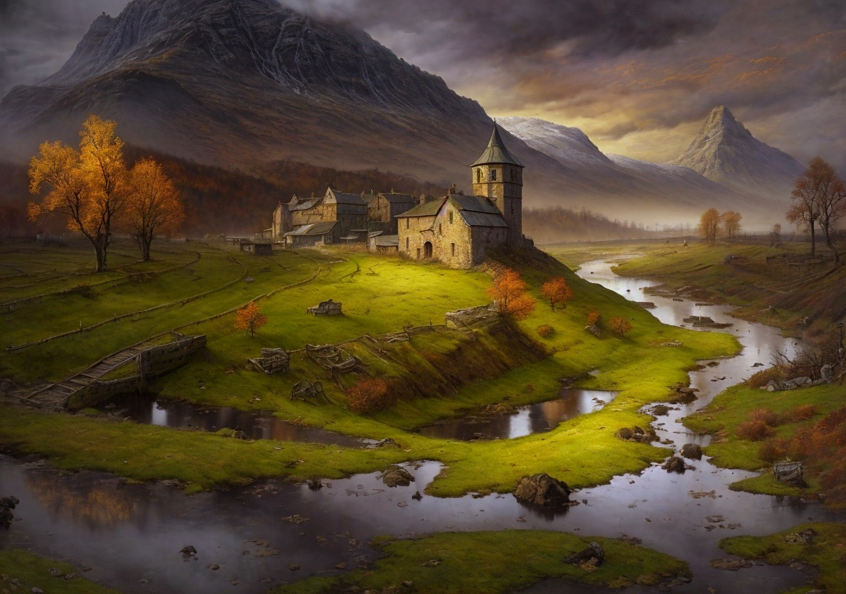 Autumn landscape with church, orange trees, river, misty mountains