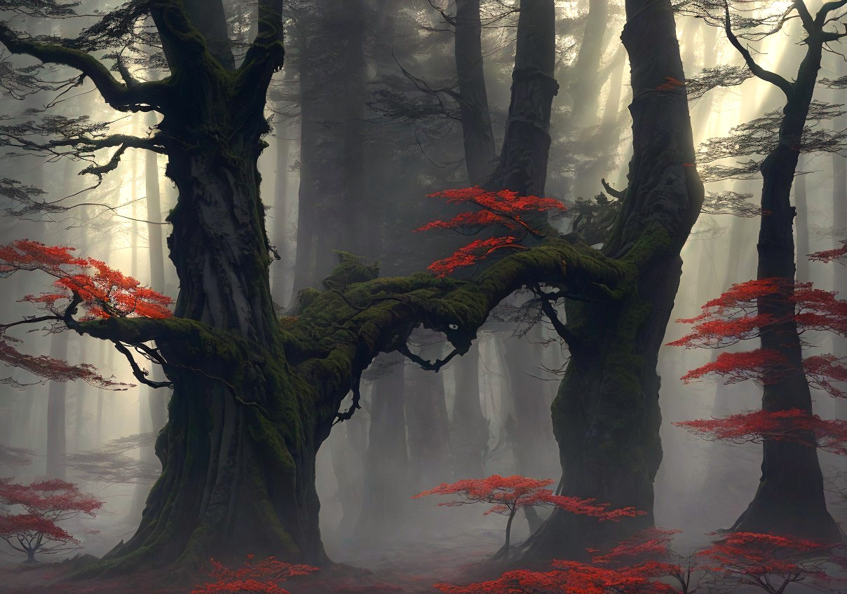Enchanting forest with gnarled trees and red leaves in foggy setting