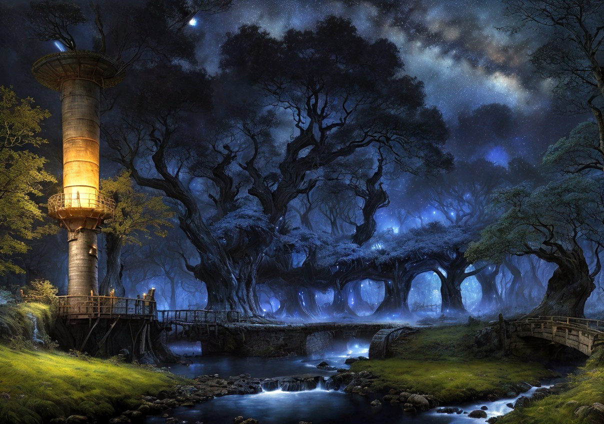 Mystical nighttime scene with illuminated stone tower, bridge, stream, ancient trees, starry sky