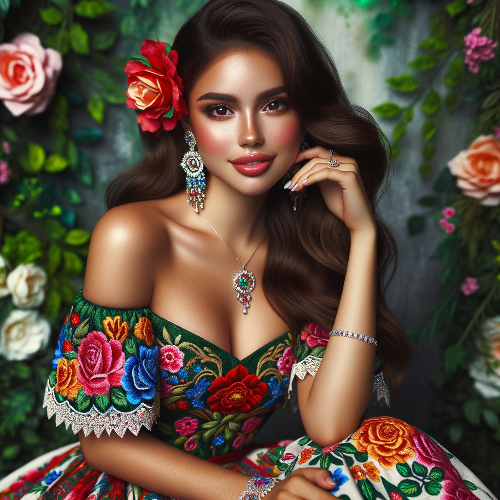 Elegant Woman in Floral Dress Surrounded by Roses