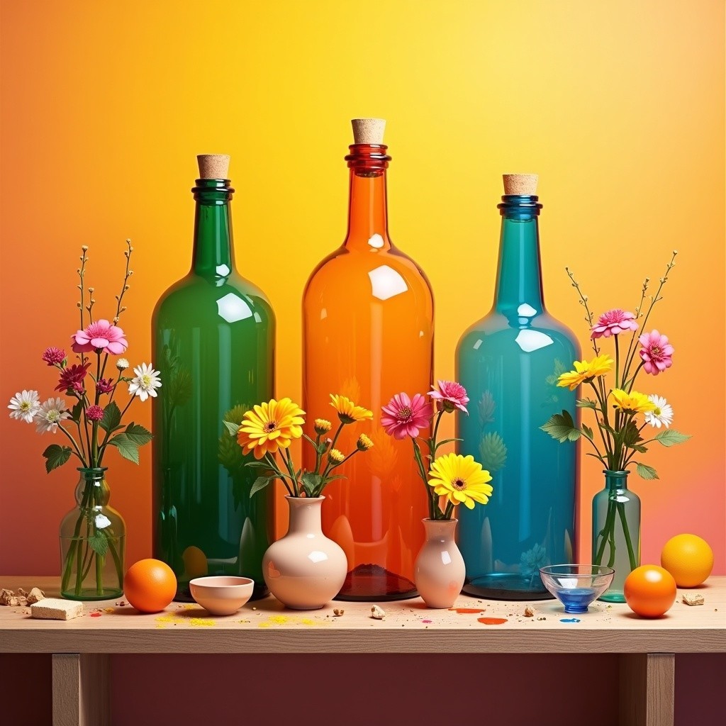 Vibrant Still Life with Colorful Bottles and Flowers