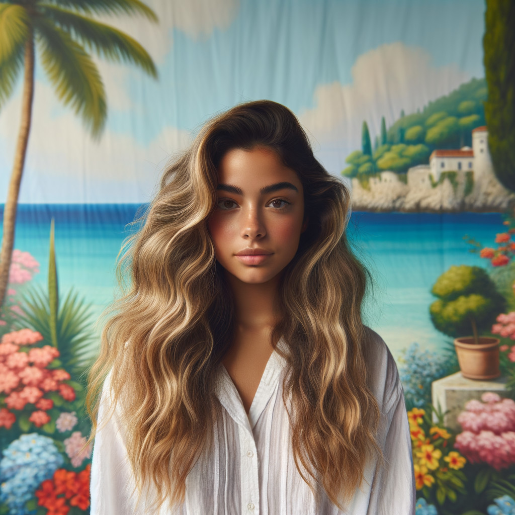 Young Woman in Tropical Setting with Serene Expression