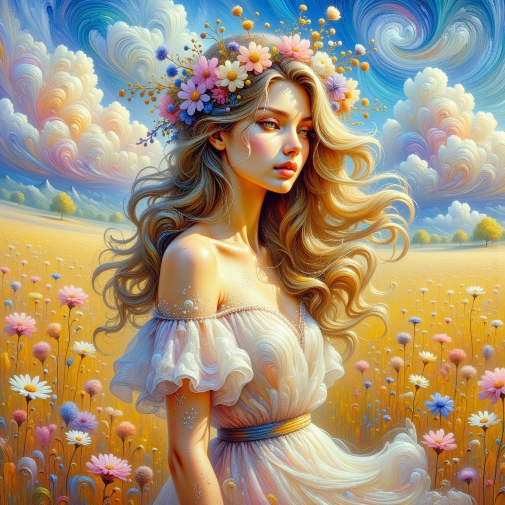 Surreal Landscape with Woman in Floral Crown