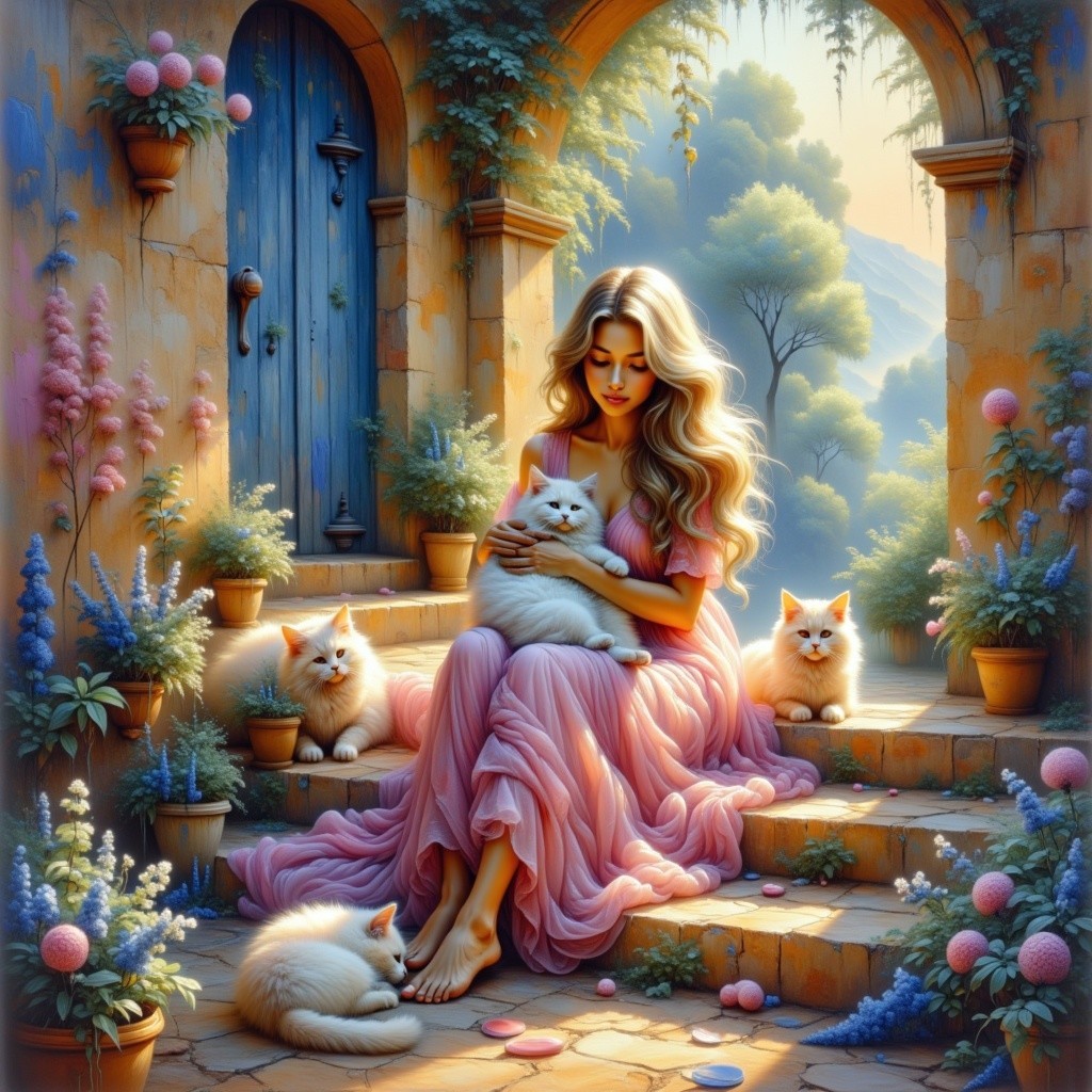 Young Woman with Cats in Serene Garden Setting